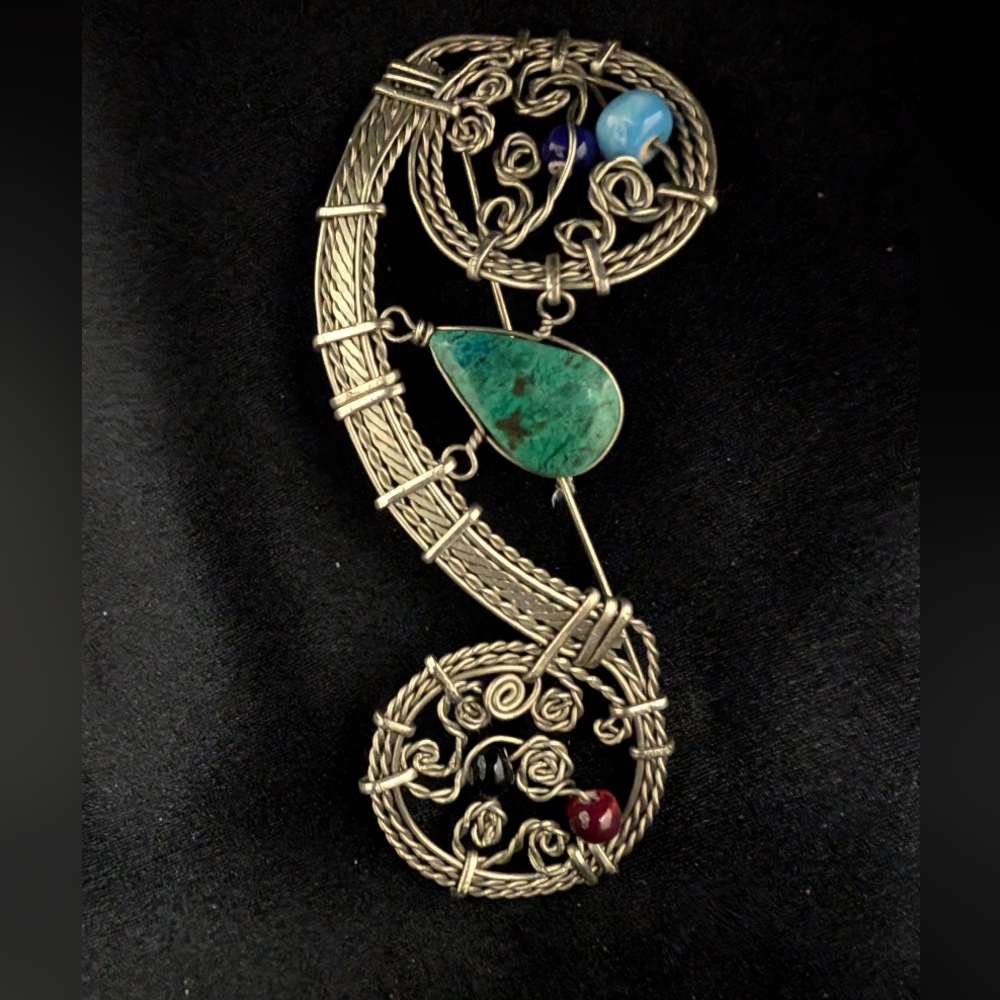 Vintage Peruvian Alpaca Silver Brooch with Crysocola Stone